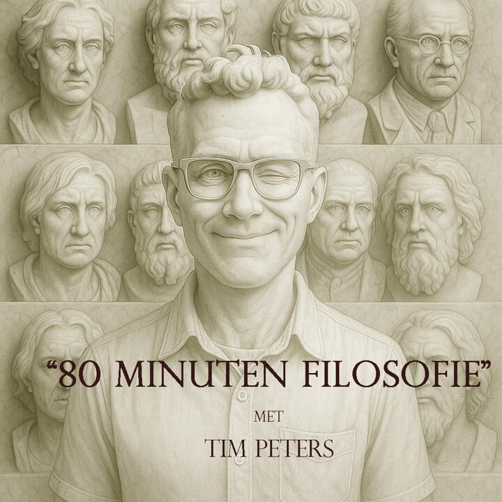 verscheidene filosofen op de achtergrond. Op de voorgrond de acteur, die de verhalen over filosofie vertelt, met een brede glimlach en een knipoog.