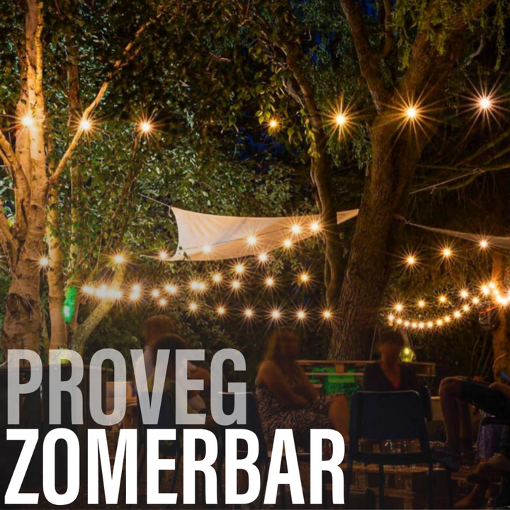 Sfeerbeeld van een gezellige zomerbar met lampjes