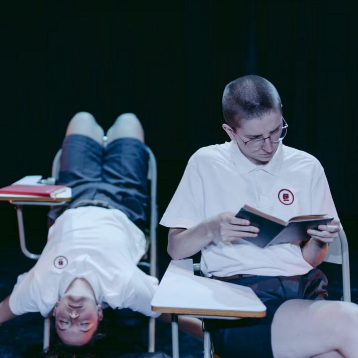 2 kinderen in de klas, een ervan hangt omgekeerd