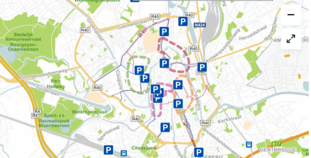 Kaart van Gent met alle parkings