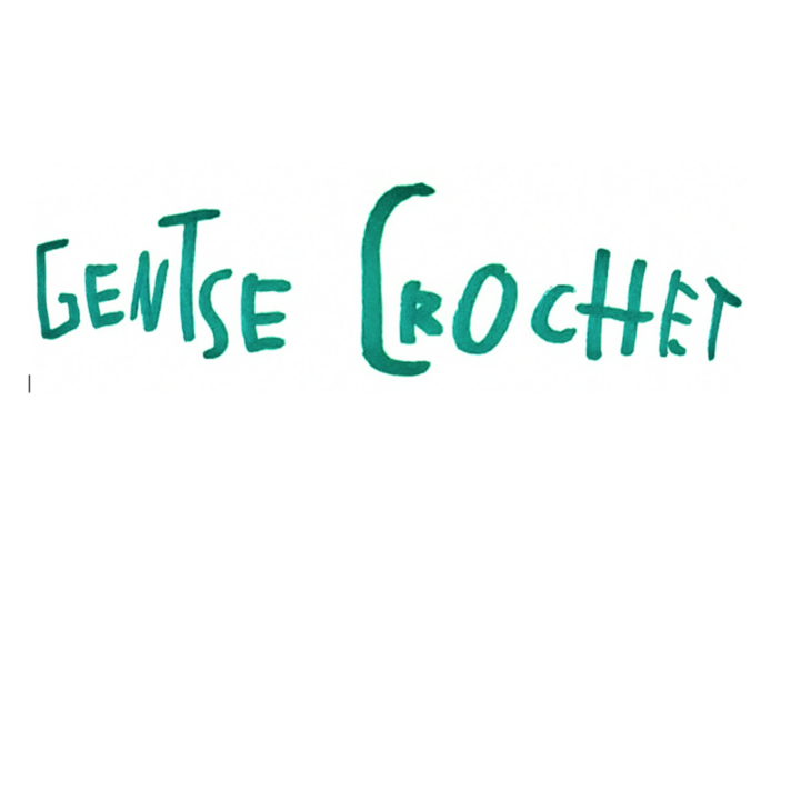 Gentse Crochet uitgeschreven in een spelciale groene font.